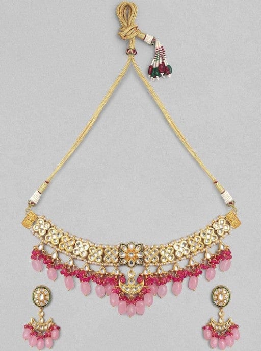 Rubans Gold Plated Handcrafted Kundan & Pink Gem Stone Choker Set Necklace Set