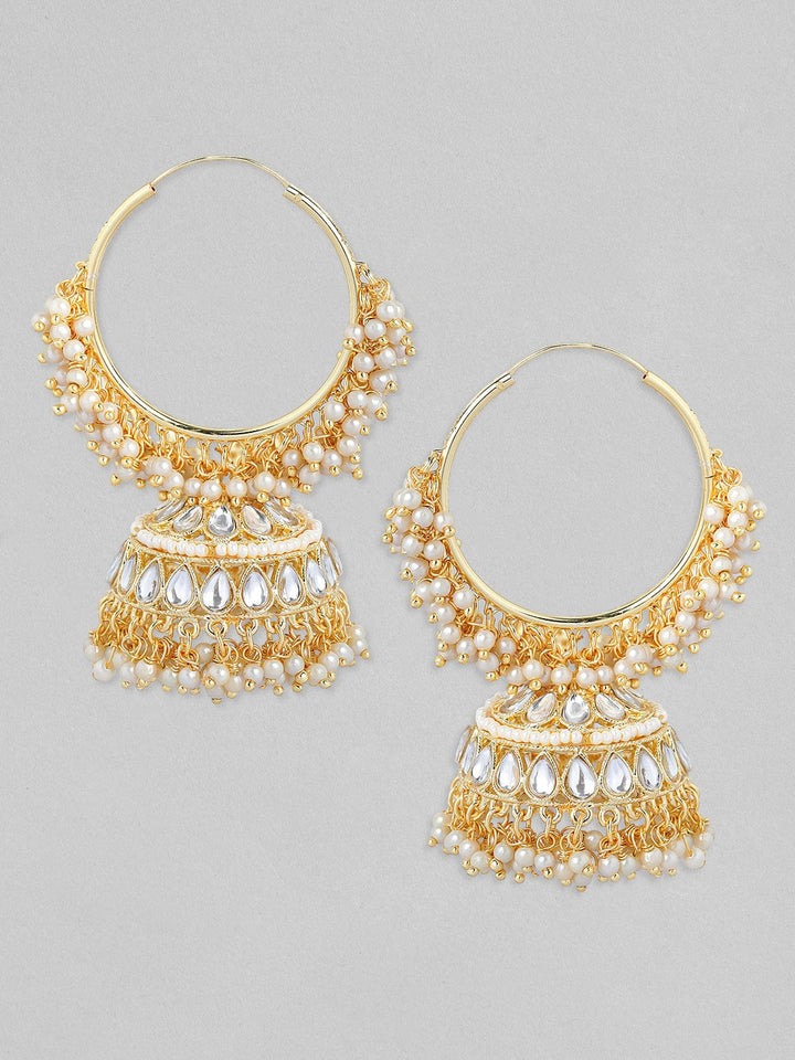 Rubans Gold Plated Handcrafted Kundan with White Pearls Jhumka Earrings Earrings