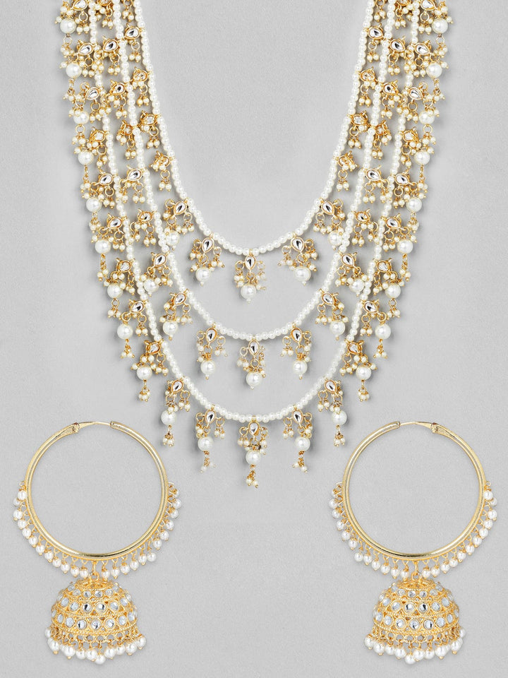 Rubans Gold Plated Handcrafted Kundan with White Pearls Layered Necklace Set Necklace Set