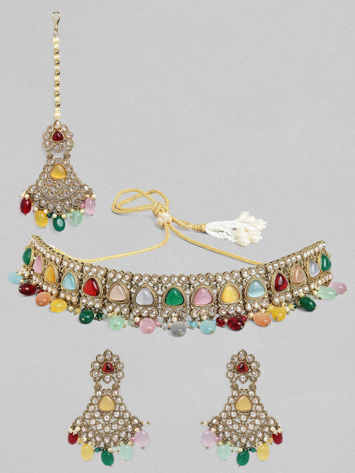 Rubans Gold Plated Handcrafted Multicolored Beads Necklace Set Necklace Set