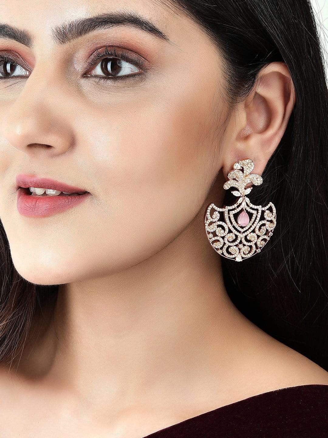 Rubans Gold Plated Handcrafted Pink AD Studded Drop Earrings. Earrings