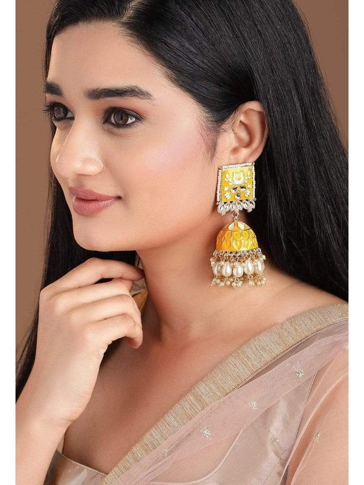 Rubans Gold Plated Handcrafted Yellow Enamel Statement & Pearls Jhumka Earrings Earrings