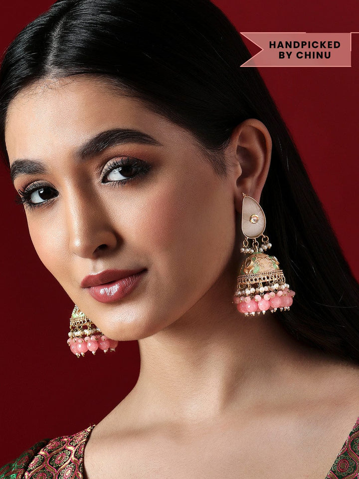 Rubans Gold Plated Jhumka Earrings With Pastel Enamels, Beads And Pearls Earrings