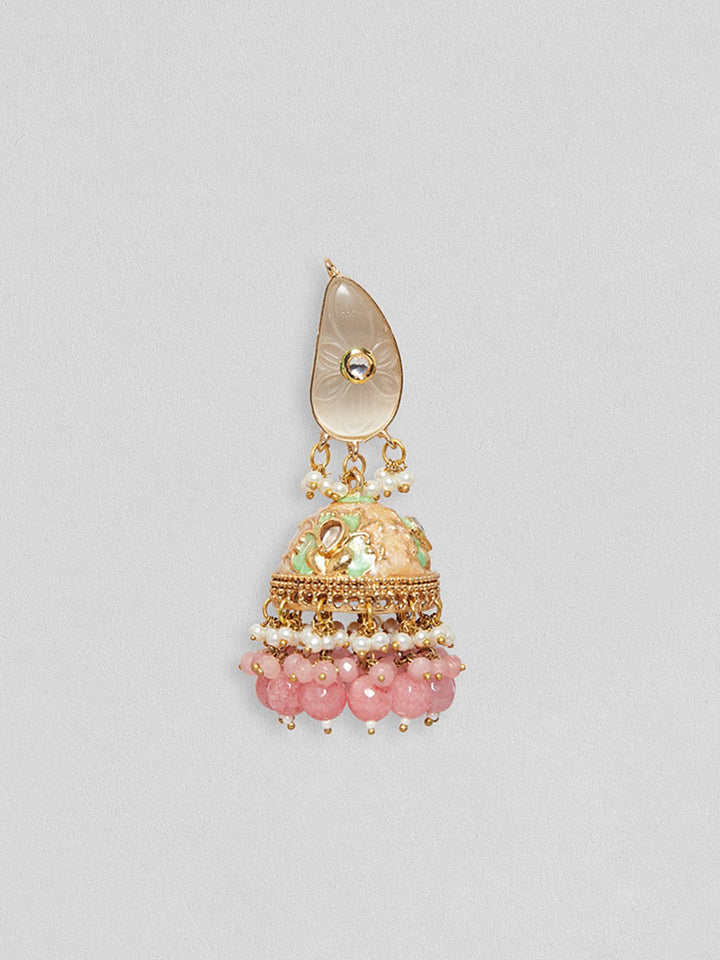 Rubans Gold Plated Jhumka Earrings With Pastel Enamels, Beads And Pearls Earrings