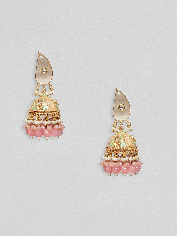 Rubans Gold Plated Jhumka Earrings With Pastel Enamels, Beads And Pearls Earrings