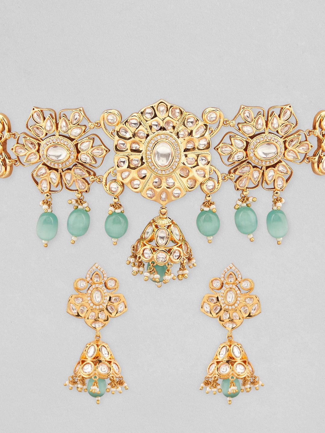 Rubans Gold Plated Kundan Choker Set With Mint Green Stone. Necklace Set