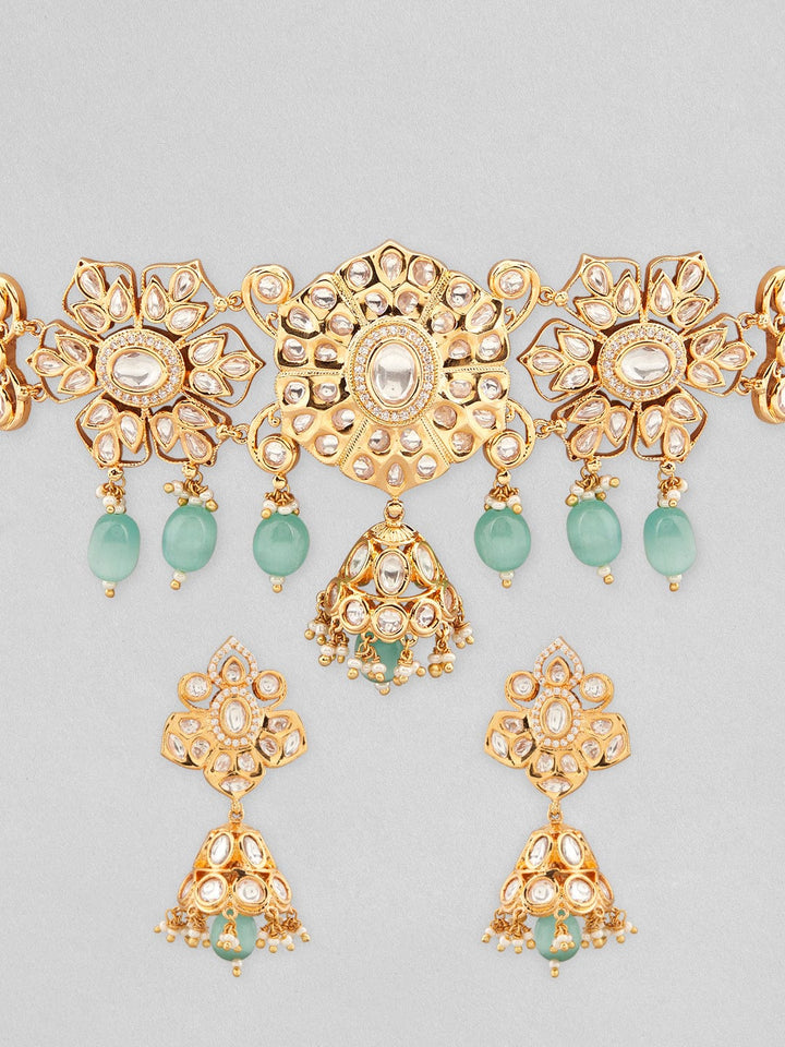 Rubans Gold Plated Kundan Choker Set With Mint Green Stone. Necklace Set