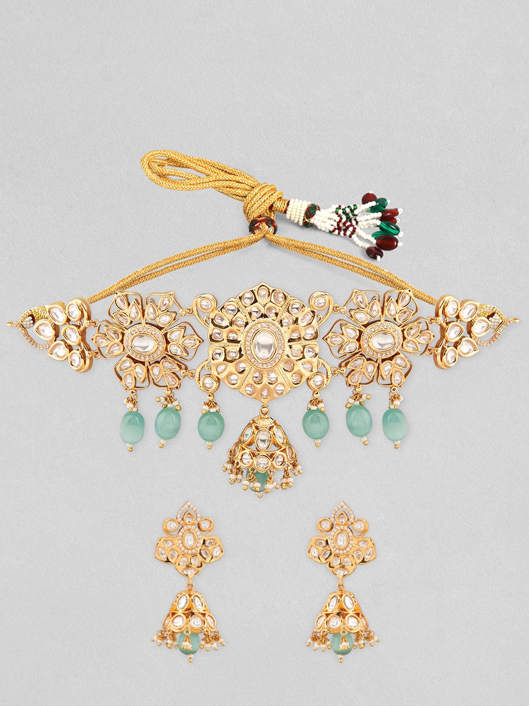 Rubans Gold Plated Kundan Choker Set With Mint Green Stone. Necklace Set