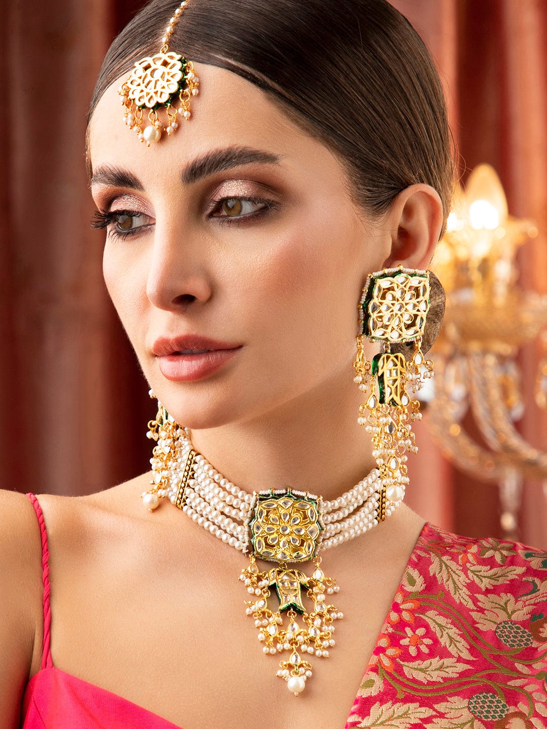 Rubans Gold Plated Kundan Choker Set With White Beads Necklace Set