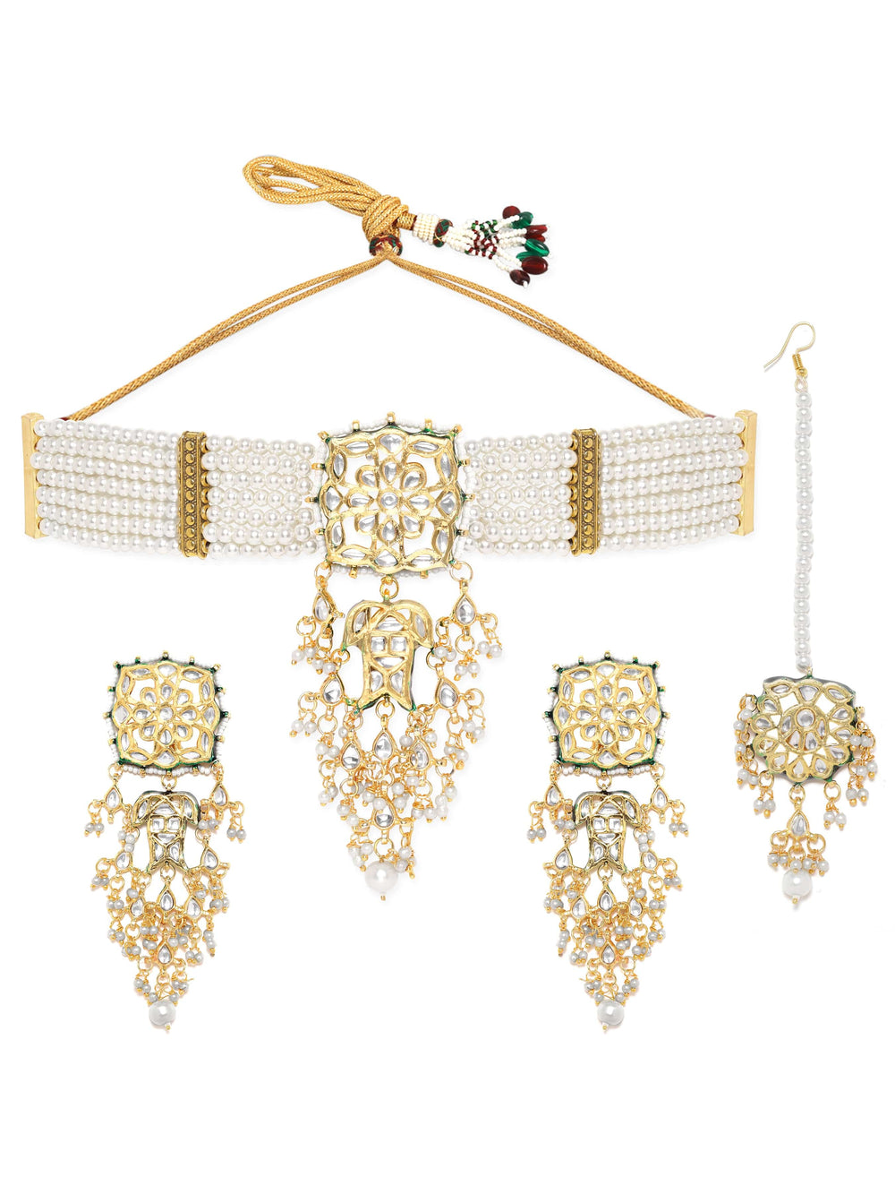 Rubans Gold Plated Kundan Choker Set With White Beads Necklace Set