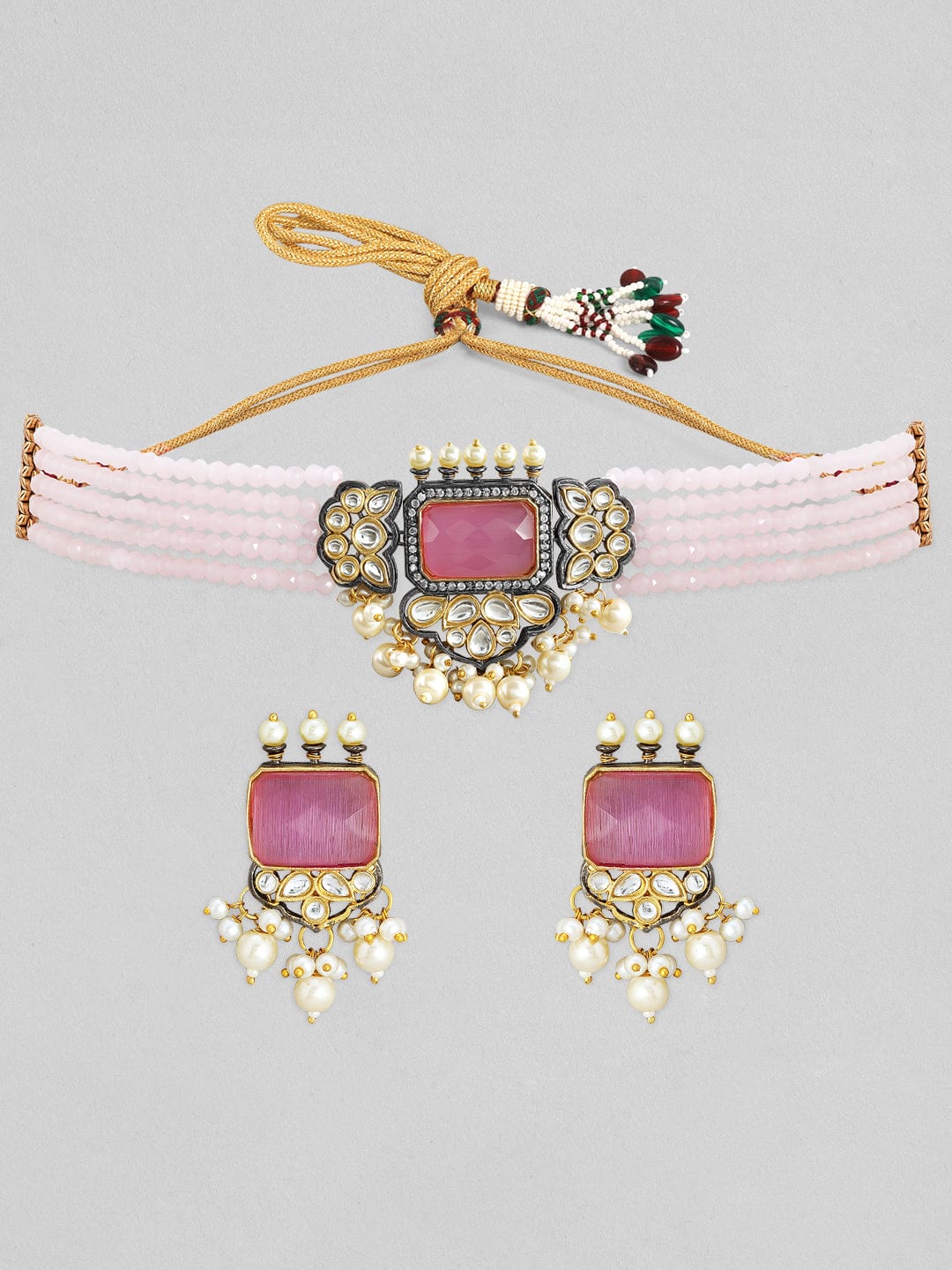 Rubans gold plated kundan choker set with white coloured beads and pastel pink stones. Necklace Set