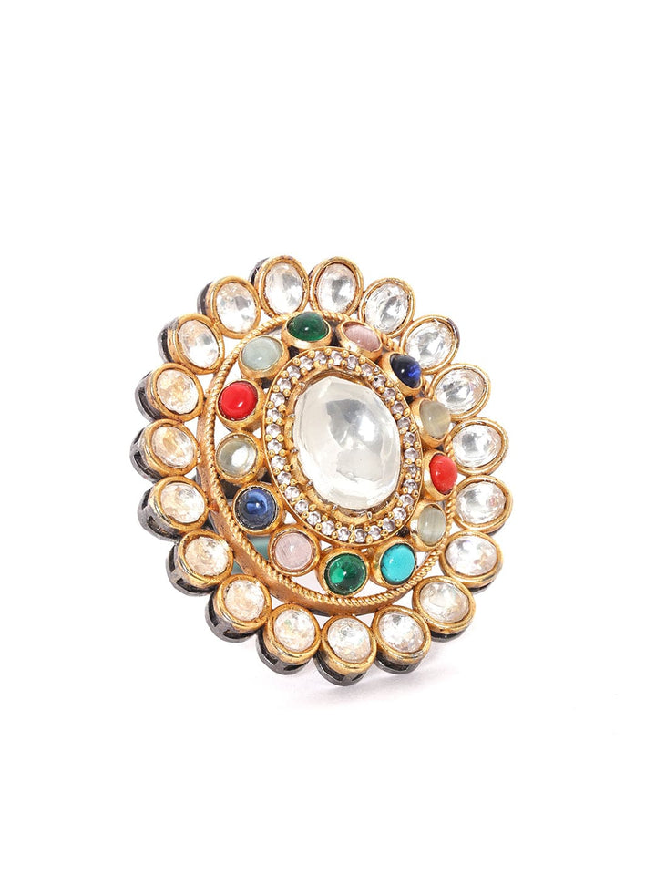 Rubans Gold Plated Kundan & Multicolour Gem Zirconia Ring Rings