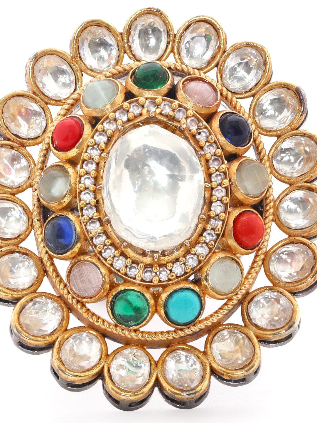 Rubans Gold Plated Kundan & Multicolour Gem Zirconia Ring Rings