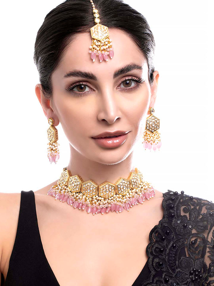 Rubans Gold Plated Kundan Necklace Set With Pastel Pink Beads And Pearls Jewellery Sets