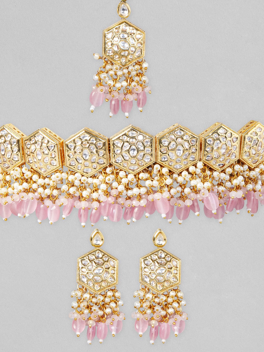 Rubans Gold Plated Kundan Necklace Set With Pastel Pink Beads And Pearls Jewellery Sets