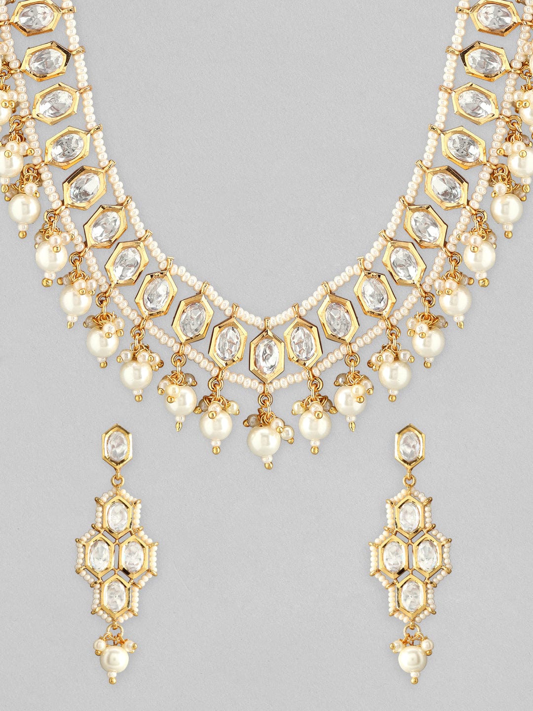 Rubans Gold Plated Kundan Necklace Set With White Beads And Pearls Necklace Set