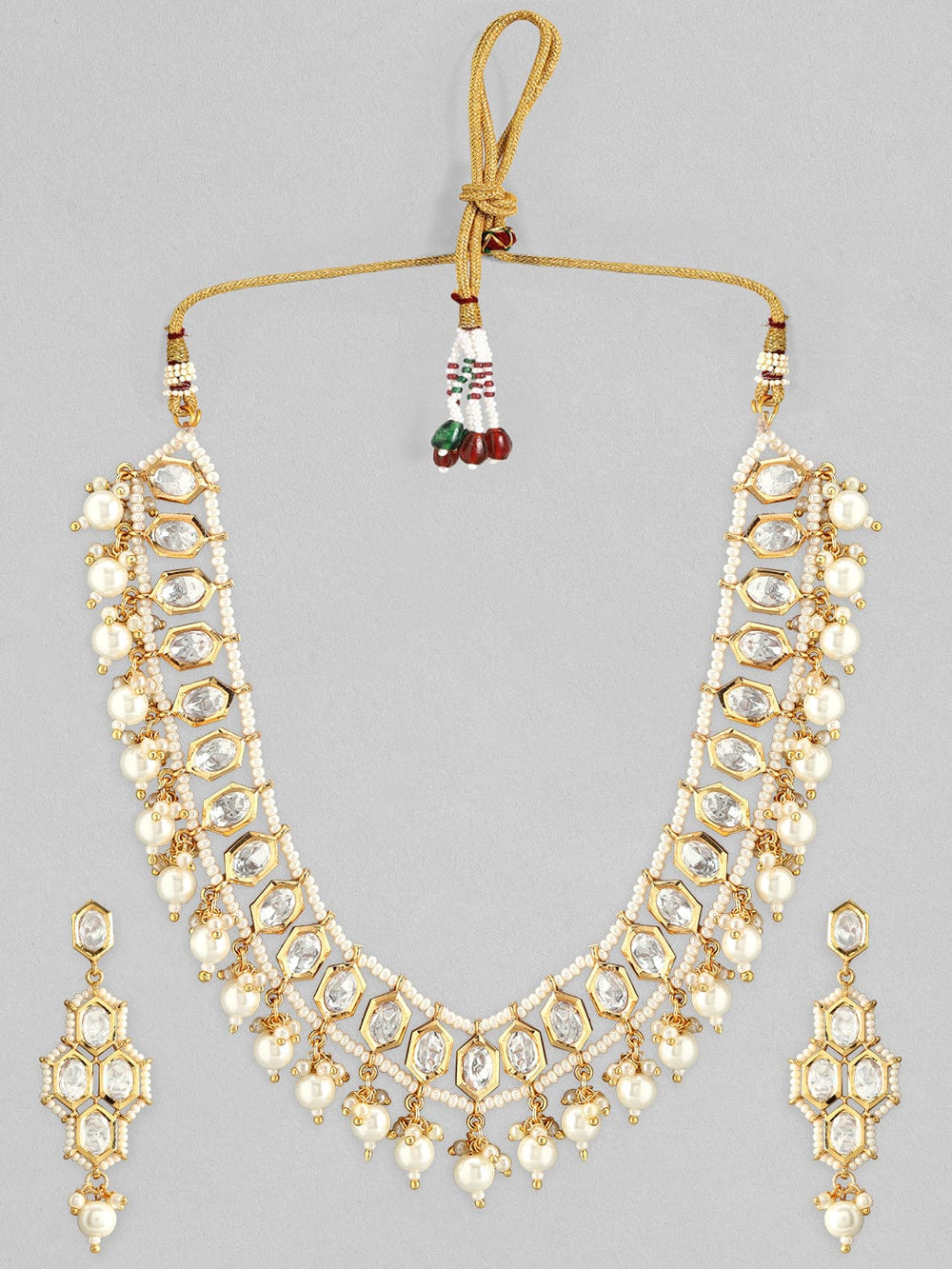 Rubans Gold Plated Kundan Necklace Set With White Beads And Pearls Necklace Set