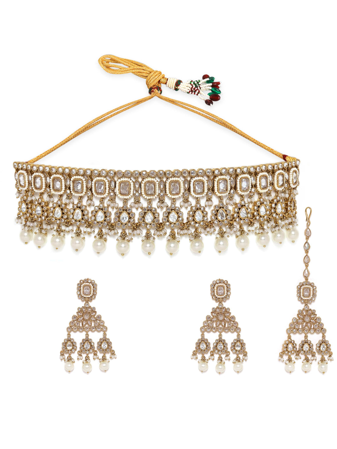 Rubans Gold Plated Necklace and Earrings with Maang Tika Jewellery Sets