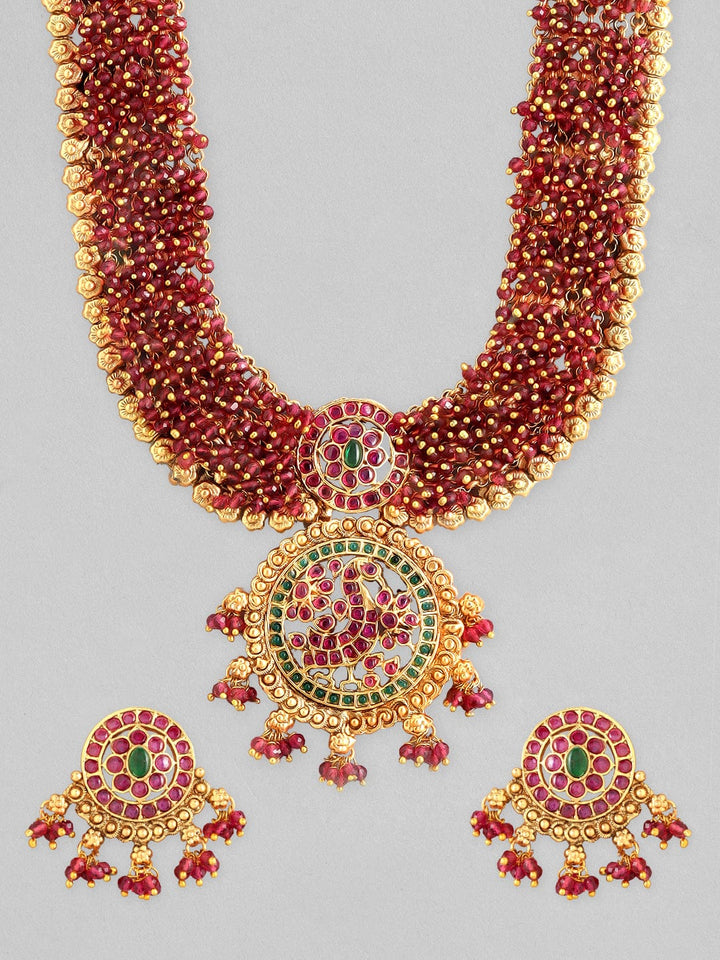 Rubans Gold Plated Necklace Set With Studded Red And Green Stones Necklace Set