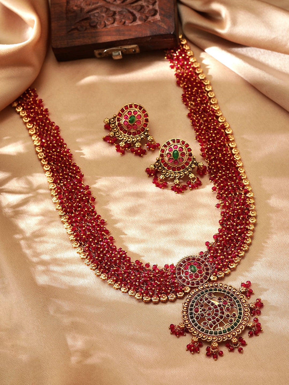 Rubans Gold Plated Necklace Set With Studded Red And Green Stones Necklace Set