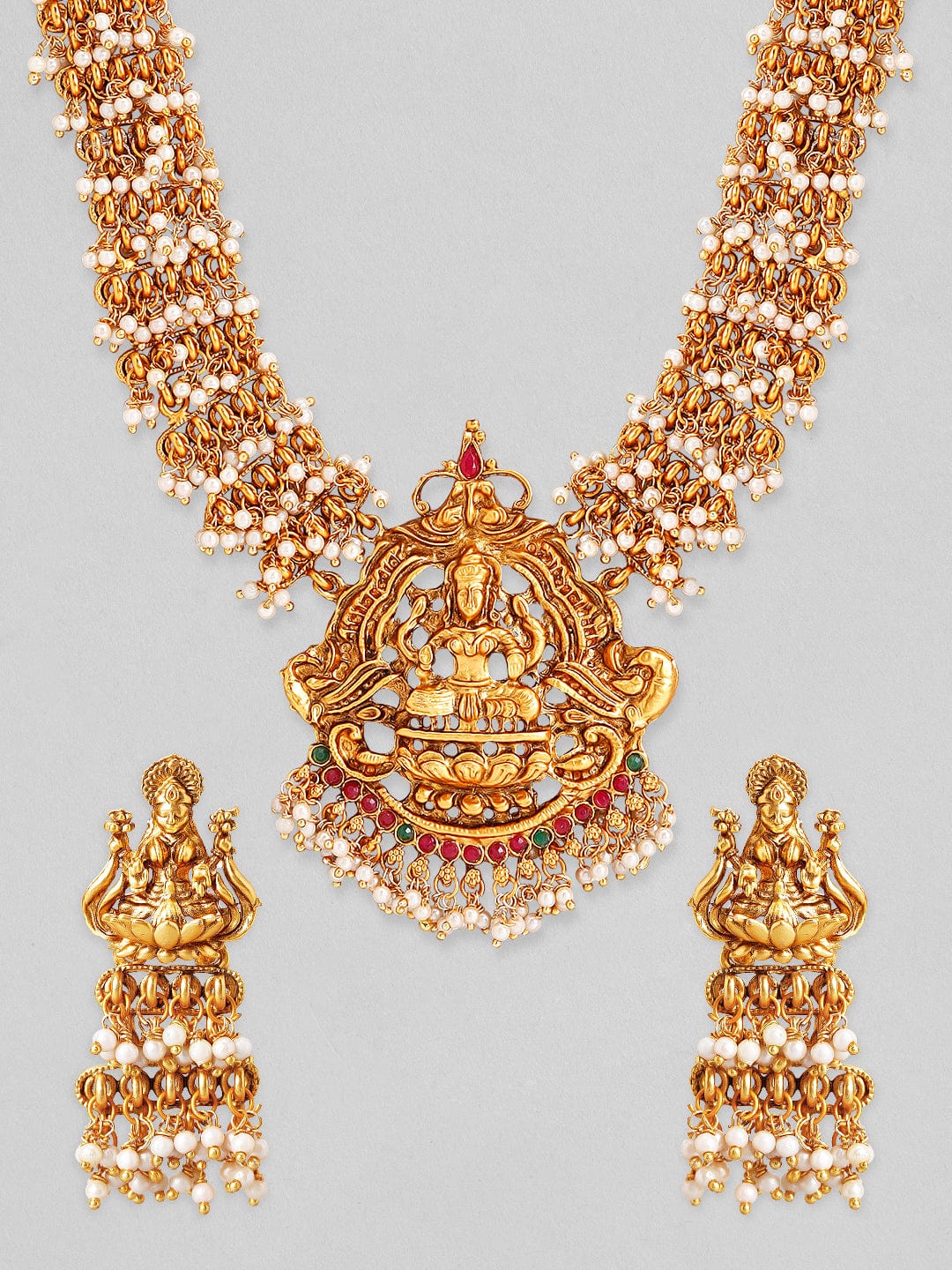 Rubans Gold Plated Pearl Hangings Laxshmi Pendant Necklace Set. Necklace Set