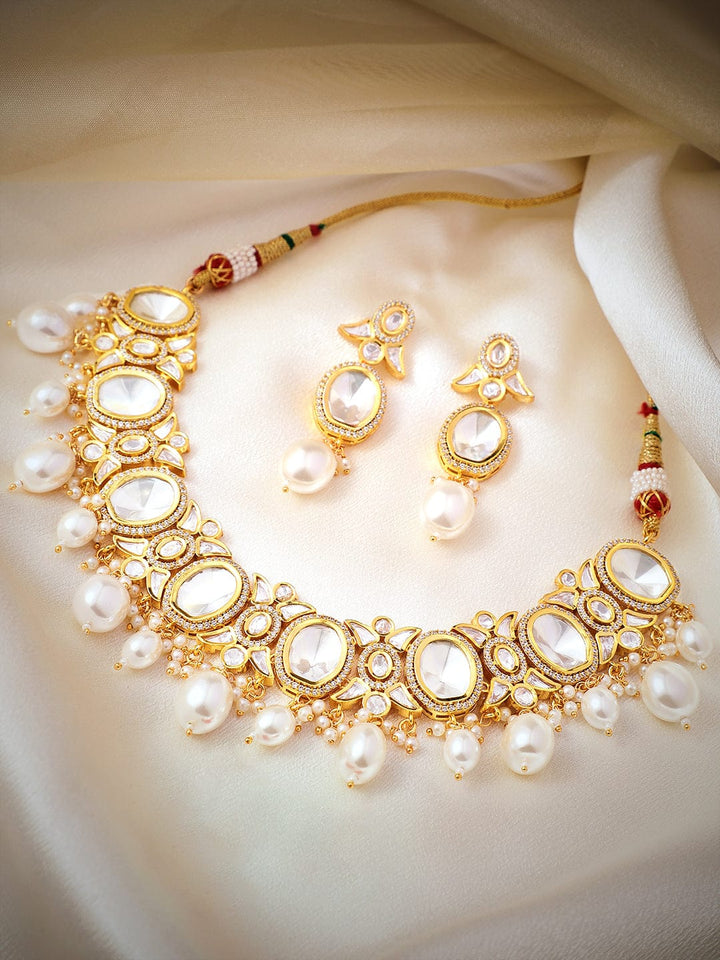 Rubans Gold Plated Polki Necklace Set with Pearl Necklace Set