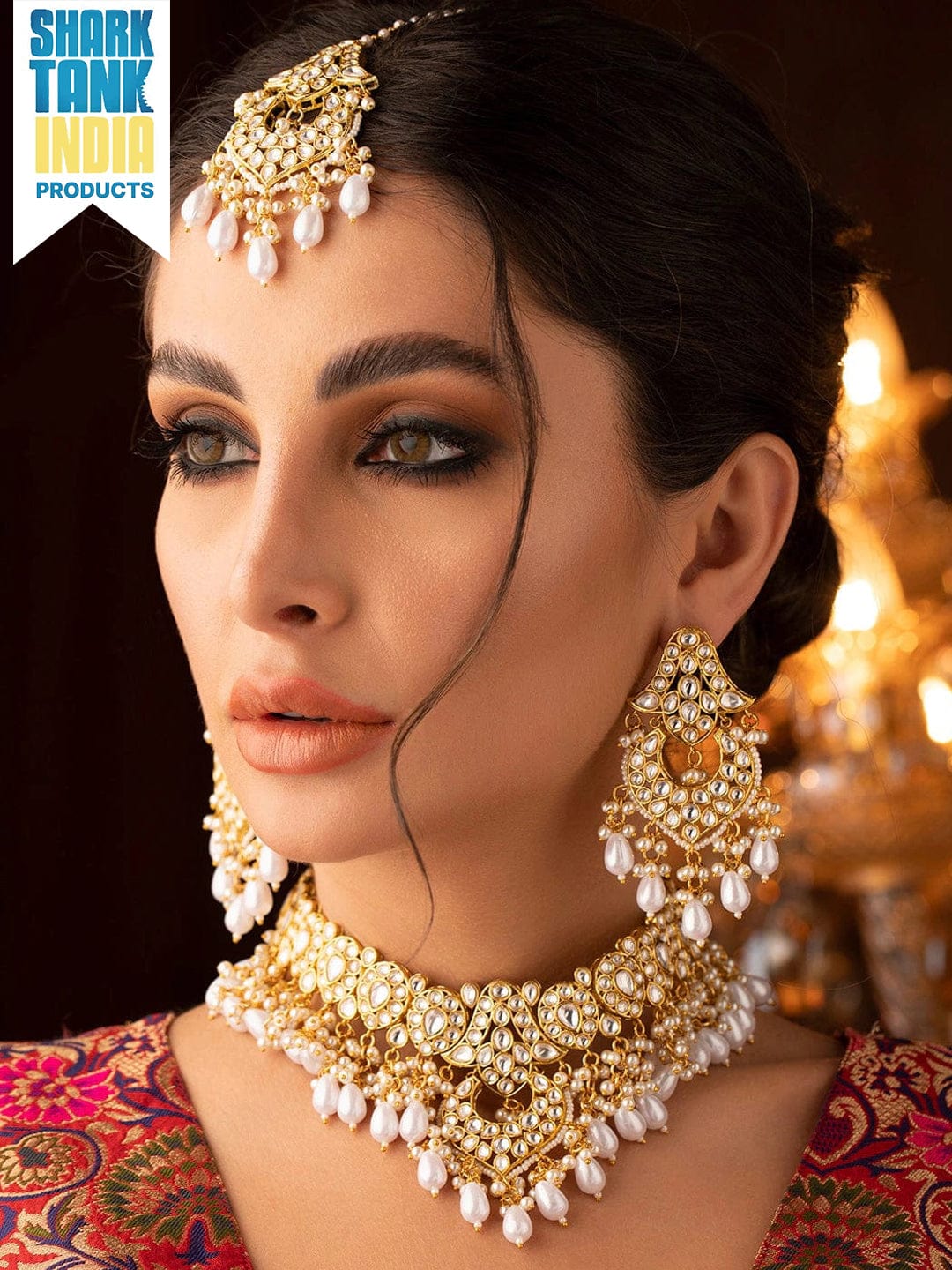 Rubans Gold-Plated White Stone Studded & Beaded Jewellery Set Necklace Set