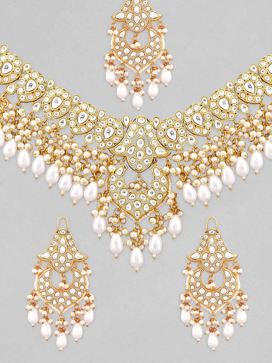 Rubans Gold-Plated White Stone Studded & Beaded Jewellery Set Necklace Set