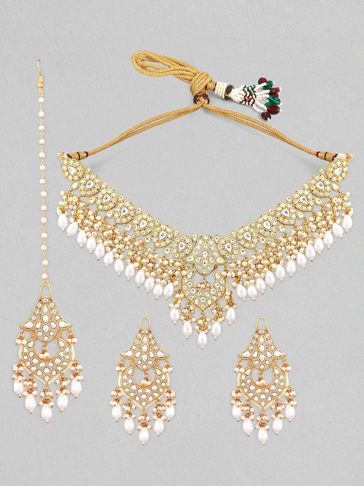 Rubans Gold-Plated White Stone Studded & Beaded Jewellery Set Necklace Set