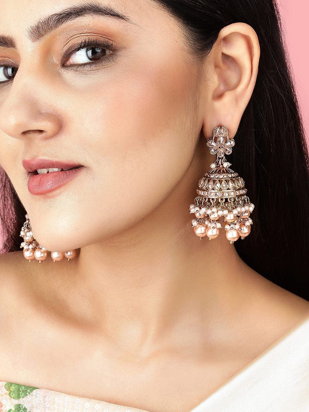 Rubans Gold-Toned & White Dome Shaped Jhumkas Earrings Earrings