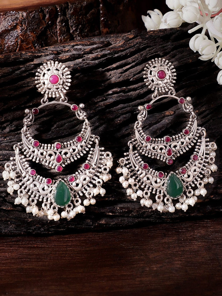 Rubans Illuminating Silver Base Chandbali Earrings with Green and Pink Stones Earrings