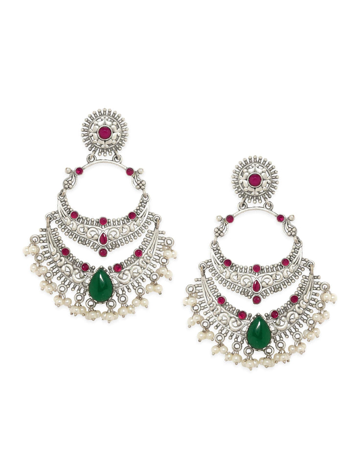 Rubans Illuminating Silver Base Chandbali Earrings with Green and Pink Stones Earrings