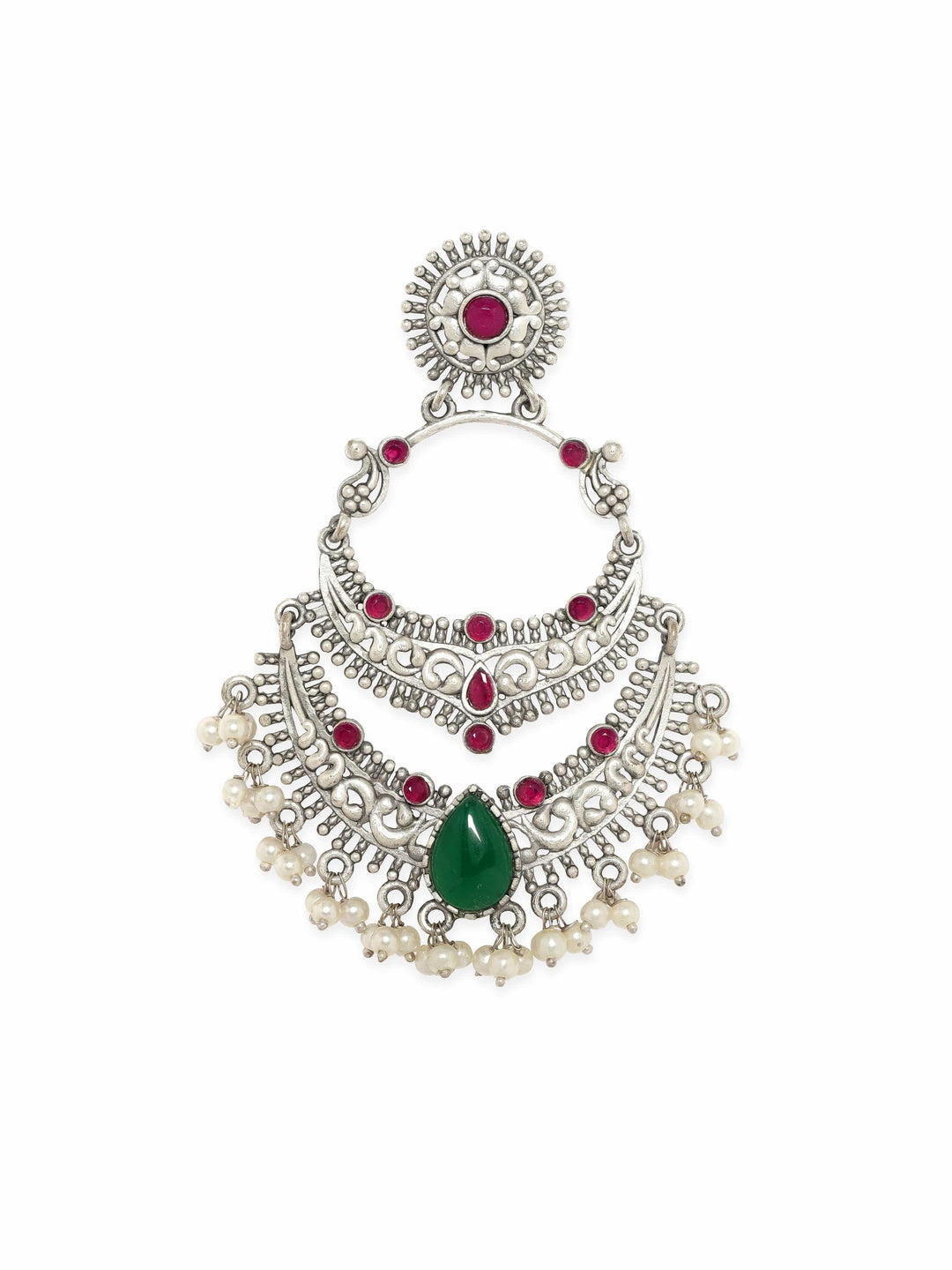 Rubans Illuminating Silver Base Chandbali Earrings with Green and Pink Stones Earrings