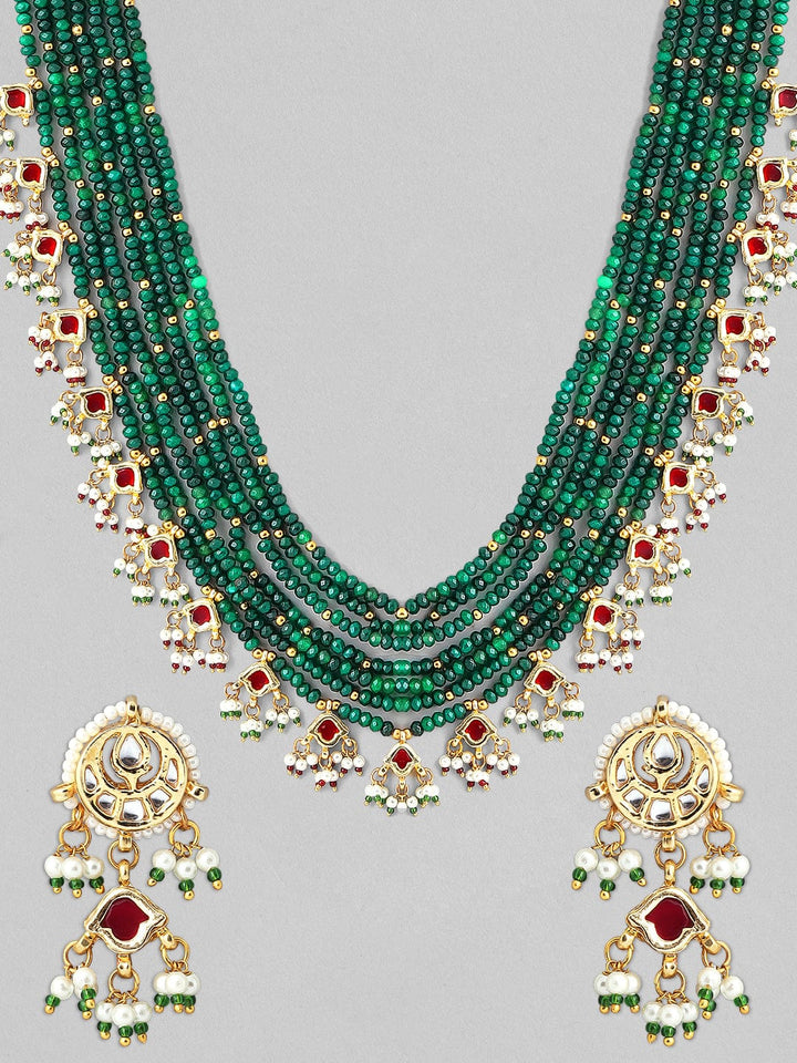 Rubans Kundan & Ruby Gold Plated Emerald Multi String Necklace Set Necklace Set