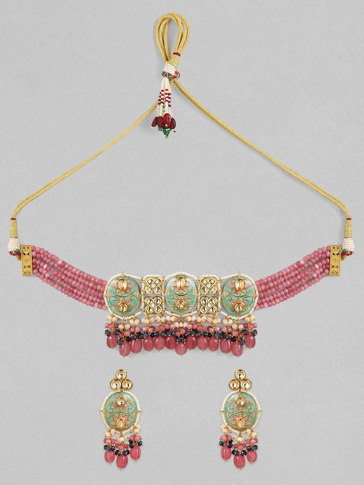 Rubans Luxury 24K Gold-Plated & Green Enamel And Kundan Stone Beaded Handcrafted Jewellery Set Necklace Set