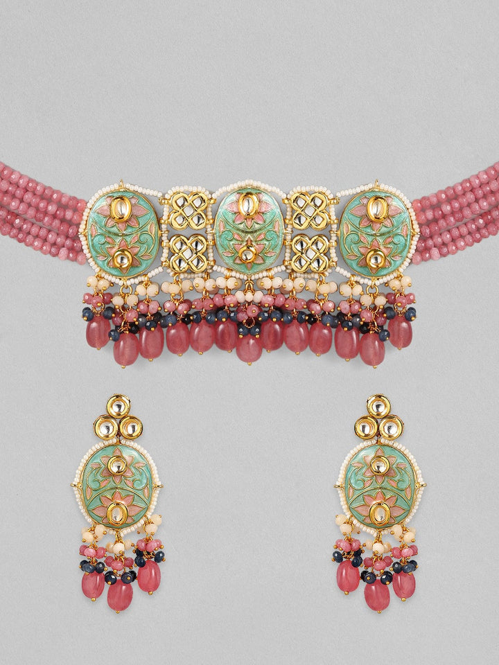 Rubans Luxury 24K Gold-Plated & Green Enamel And Kundan Stone Beaded Handcrafted Jewellery Set Necklace Set