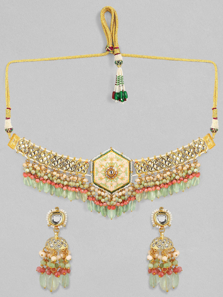 Rubans Luxury 24K Gold Plated Handcrafted Enamel & Pachi Kundan with Green Beads Choker Set Necklace Set