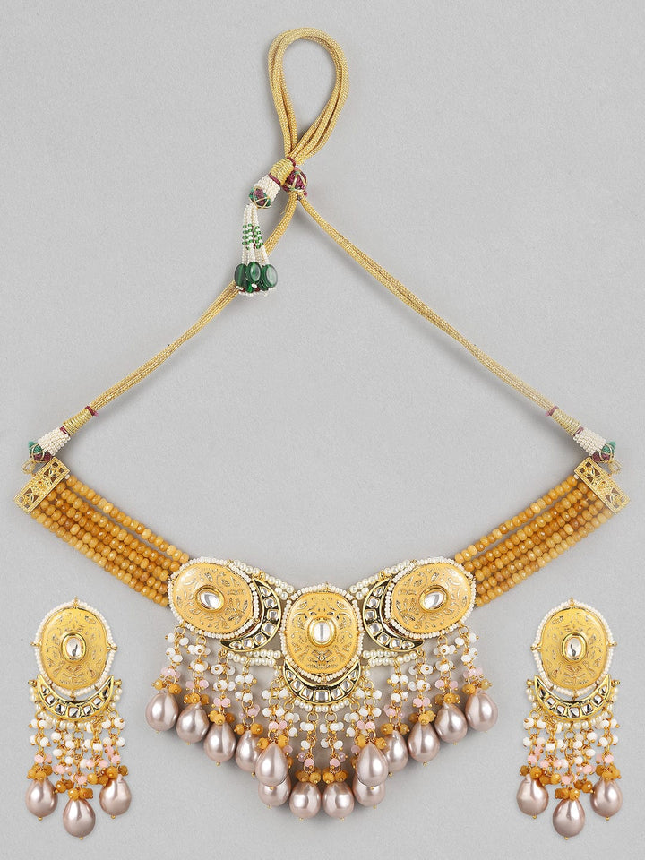 Rubans Luxury 24K Gold Plated Handcrafted Enamel & Pachi Kundan with Pearls Choker Set