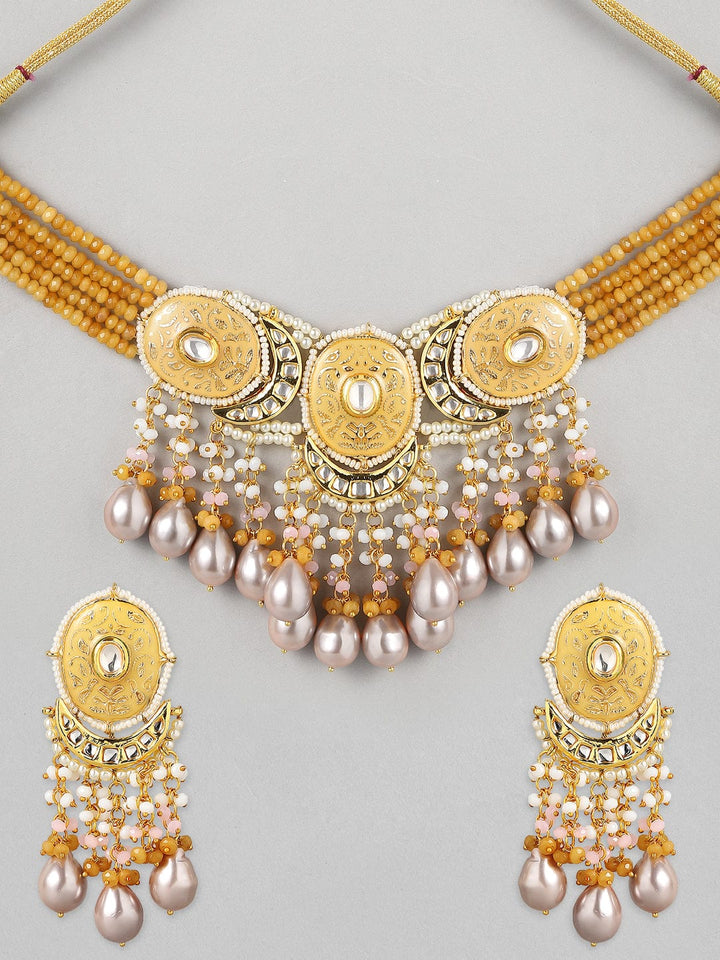 Rubans Luxury 24K Gold Plated Handcrafted Enamel & Pachi Kundan with Pearls Choker Set
