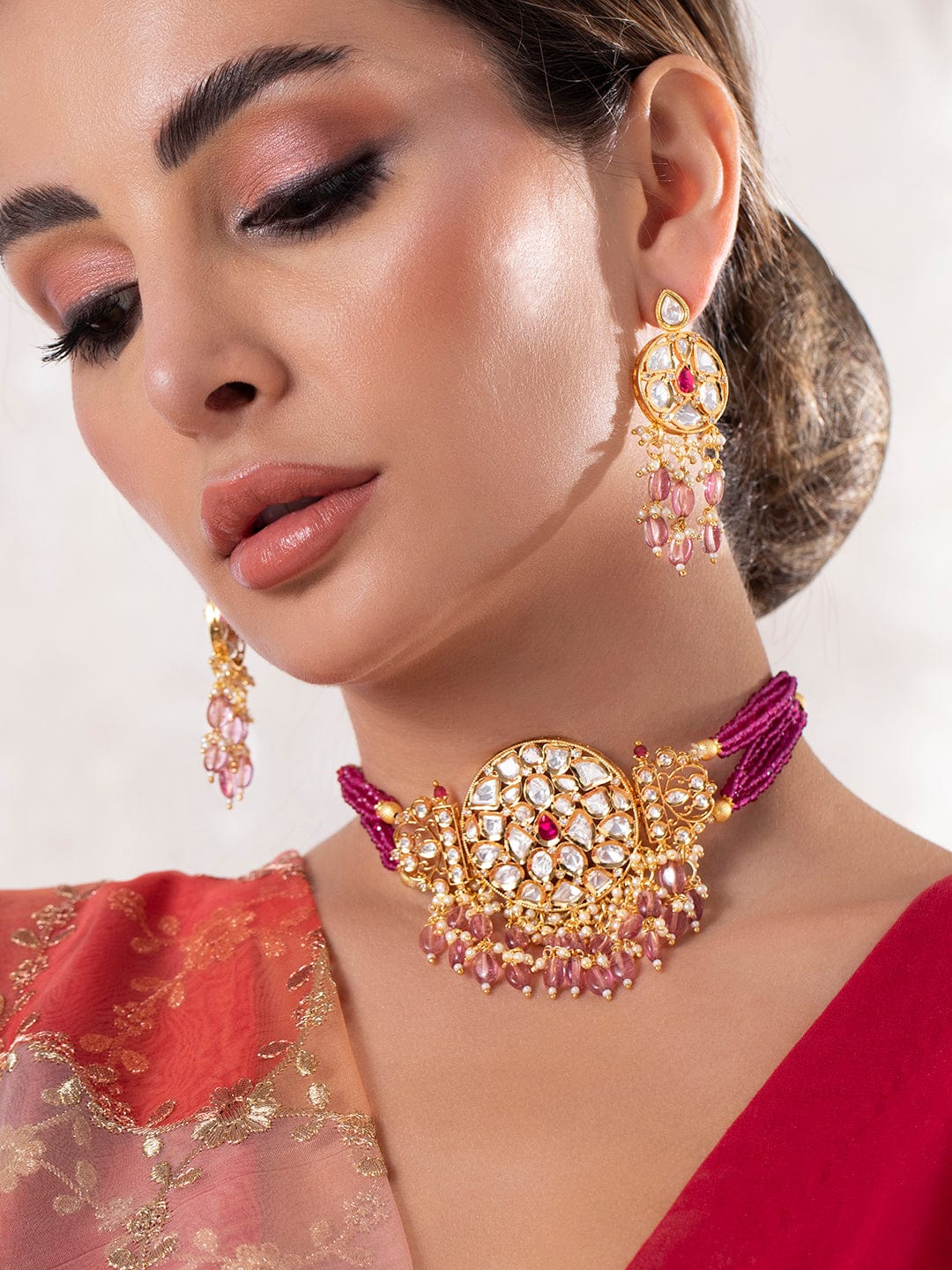 Rubans Luxury 24K Gold Plated Handcrafted Kundan Stone & Maroon Beads Choker Set Choker