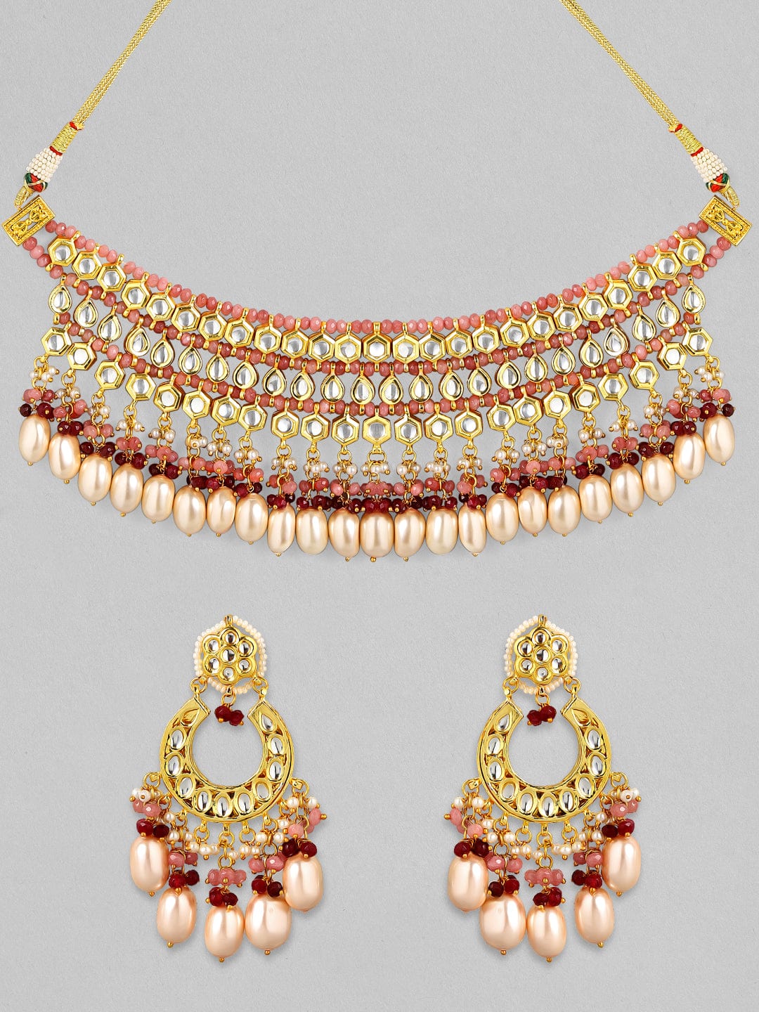 Rubans Luxury 24K Gold Plated Handcrafted Pachi Kundan and Ruby Pink Beads Necklace Set Necklace Set