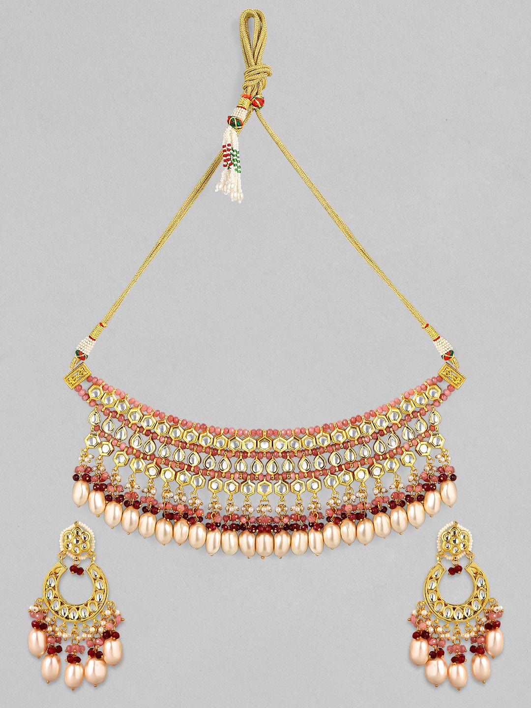 Rubans Luxury 24K Gold Plated Handcrafted Pachi Kundan and Ruby Pink Beads Necklace Set Necklace Set