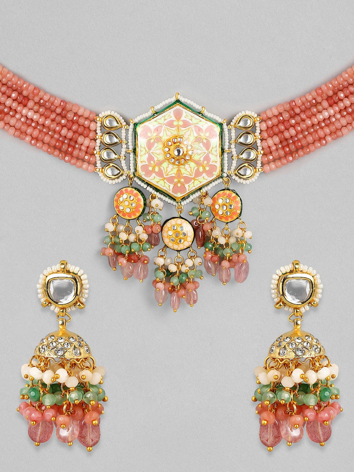 Rubans Luxury 24K Gold Plated Handcrafted Pachi Kundan & Enamel with Pink Beads Choker Set Necklace Set