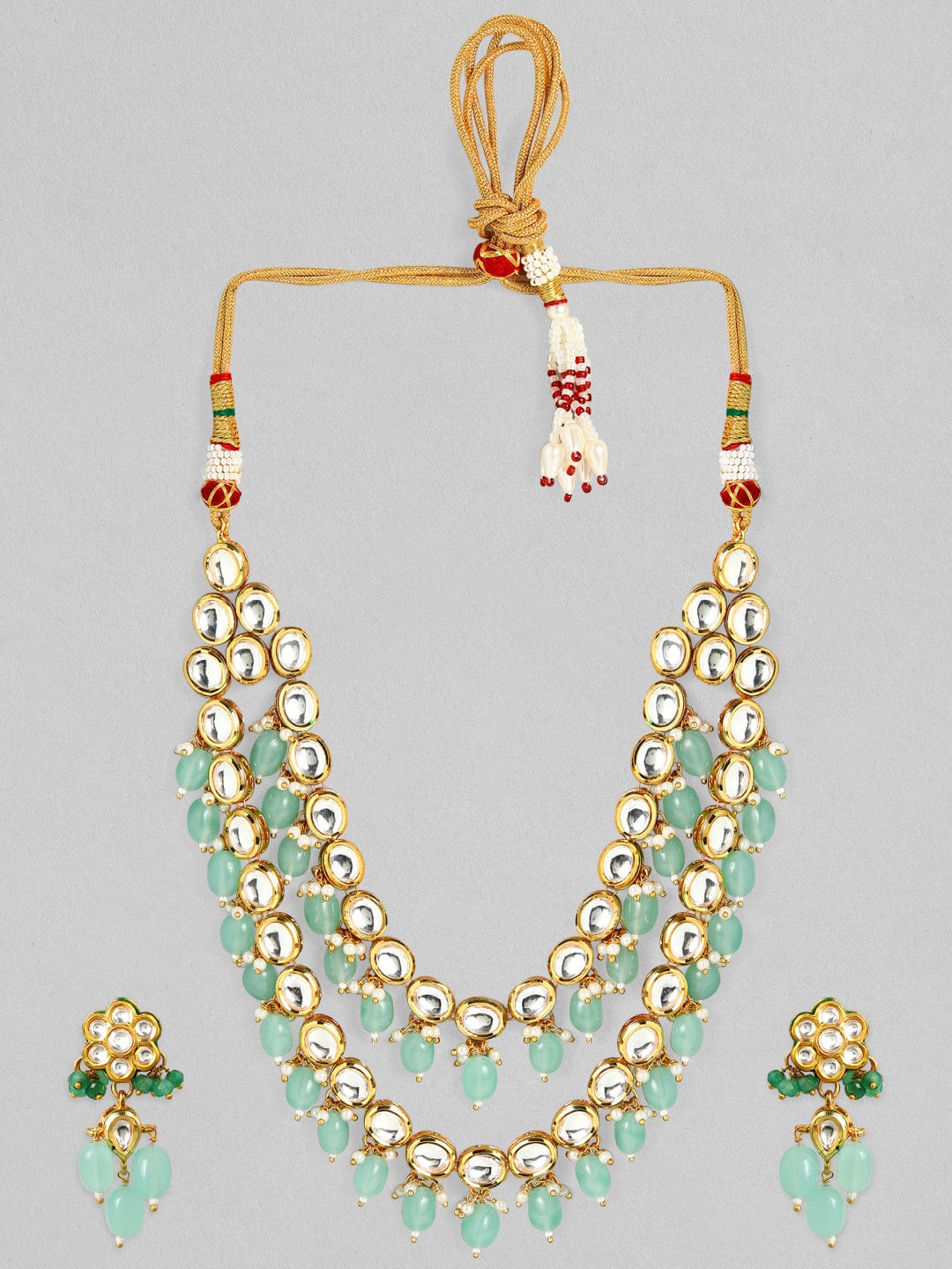 Rubans Luxury 24K Gold Plated Handcrafted Pachi Kundan & Green Beads Layered Necklace Set Necklace Set