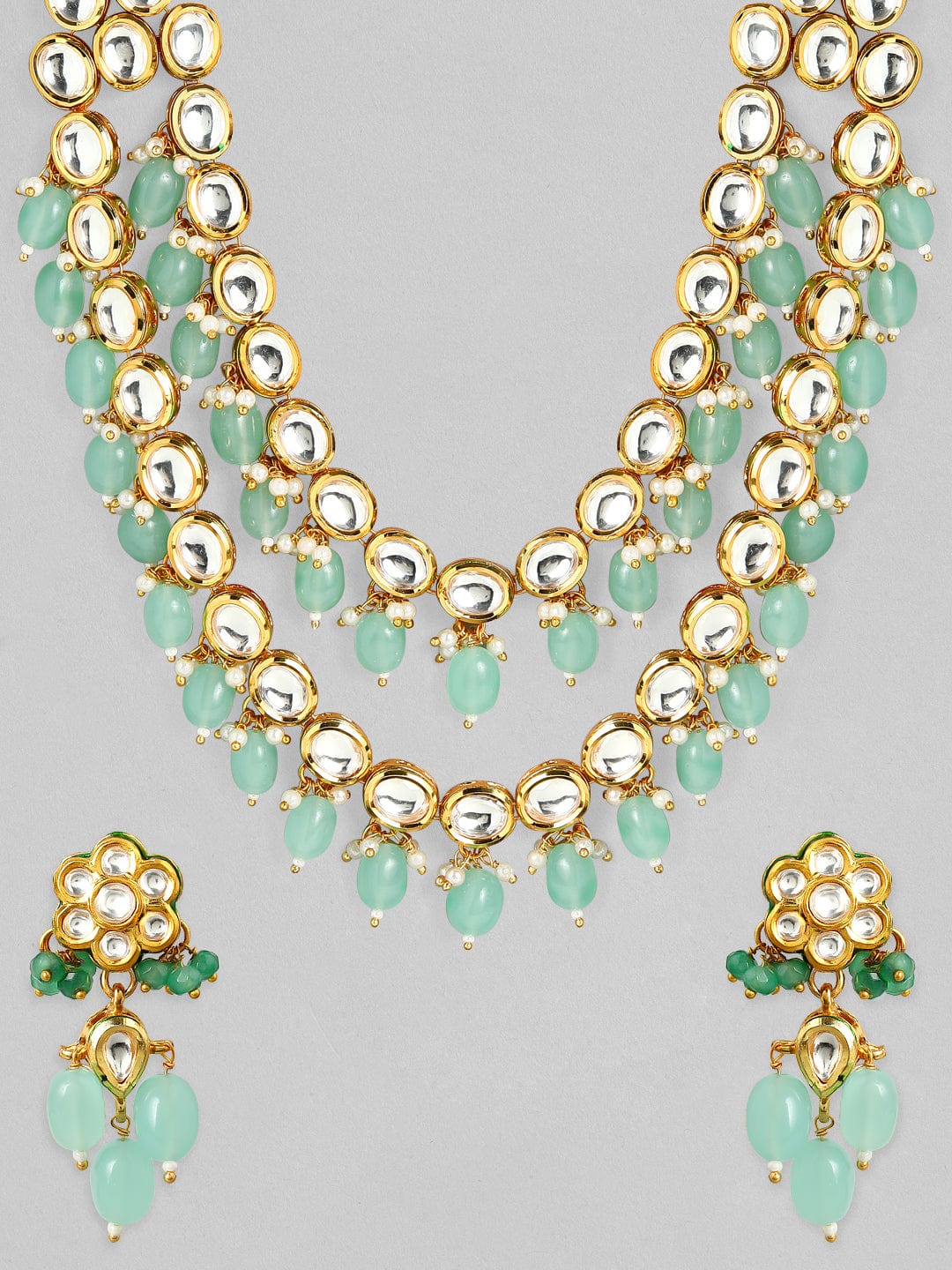 Rubans Luxury 24K Gold Plated Handcrafted Pachi Kundan & Green Beads Layered Necklace Set Necklace Set