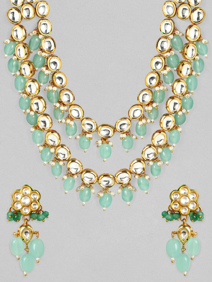 Rubans Luxury 24K Gold Plated Handcrafted Pachi Kundan & Green Beads Layered Necklace Set Necklace Set