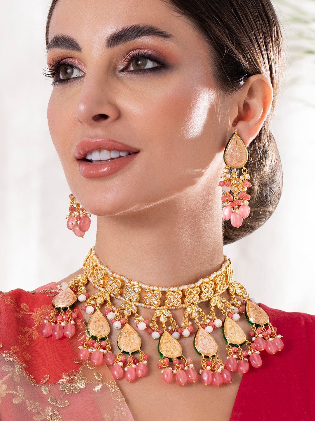 Rubans Luxury 24K Gold Plated Handcrafted Pink Enamel & Pachi Kundan with Pearls Necklace Set Necklace Set