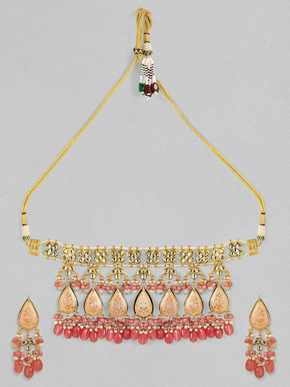 Rubans Luxury 24K Gold Plated Handcrafted Pink Enamel & Pachi Kundan with Pearls Necklace Set Necklace Set