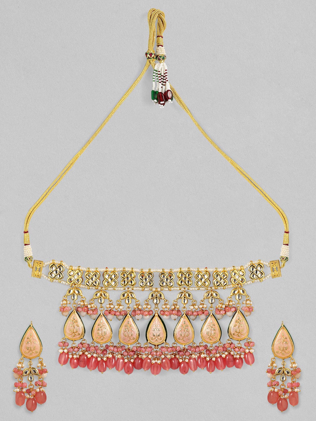 Rubans Luxury 24K Gold Plated Handcrafted Pink Enamel & Pachi Kundan with Pearls Necklace Set Necklace Set