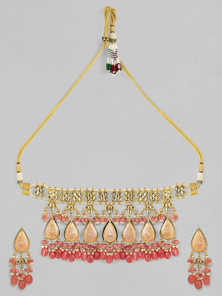 Rubans Luxury 24K Gold Plated Handcrafted Pink Enamel & Pachi Kundan with Pearls Necklace Set Necklace Set